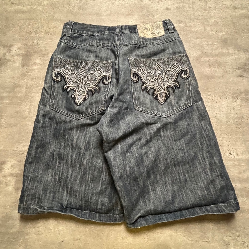 Southpole Denim Shorts Size 30 Dark Wash Embroidered Baggy Y2K Skater Hip Hop